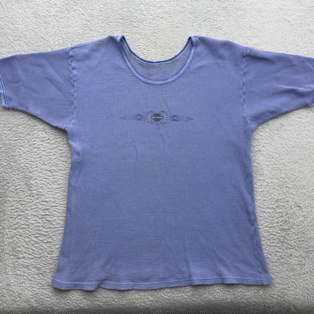 VTG Harley-Davidson Waffle Knit Top Blue Short Sleeve Graphic Thermal Womens L